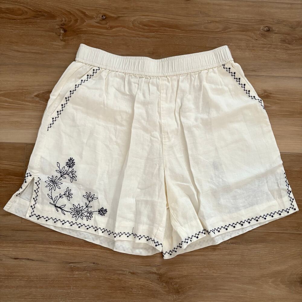 Madewell Embroidered Boxing Shorts in Linen-Blend S